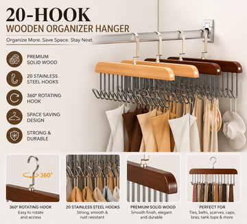 20-Hook Wooden Tie Belt & Scarf Organizer Hanger