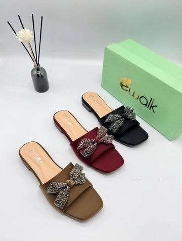 Elegant Crystal Bow Flat Slide Sandals for Women
