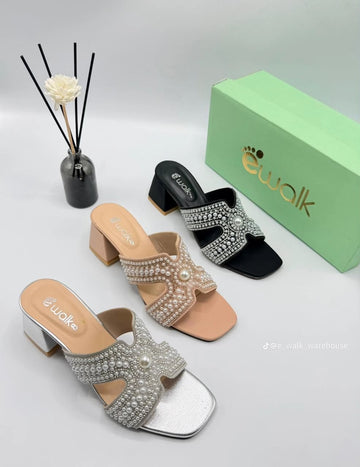 Luxury Pearl Embellished Block Heel Slide Sandals for Women