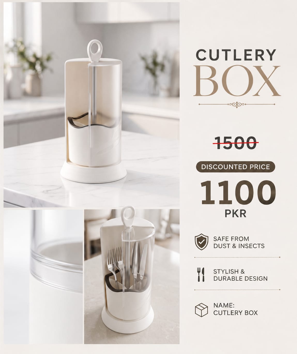 360° Rotating Cutlery Storage Box with Dustproof Cover