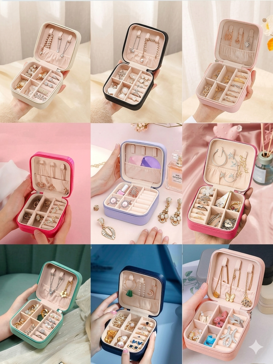 Square Mini Travel Jewelry Box with Built-in Mirror & Multi-Compartments – Elegant Jewelry Organizer Case