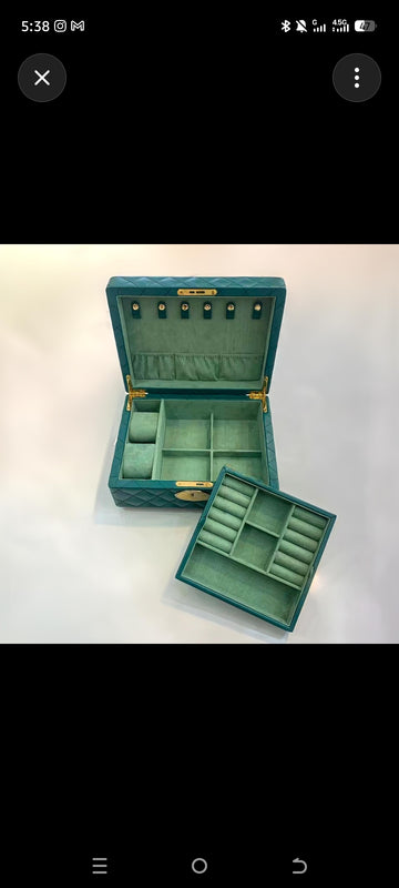 Luxury Teal Quilted Leather Jewelry Box Organizer with Removable Tray, Velvet Lining, and Lock – Premium Watch, Ring, and Necklace Storage Case for Women