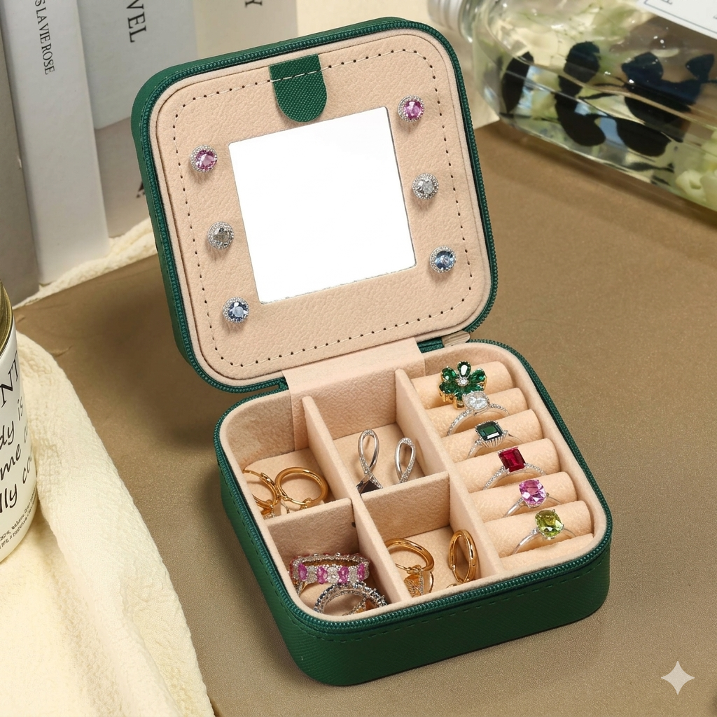 Square Mini Travel Jewelry Box with Built-in Mirror & Multi-Compartments – Elegant Jewelry Organizer Case